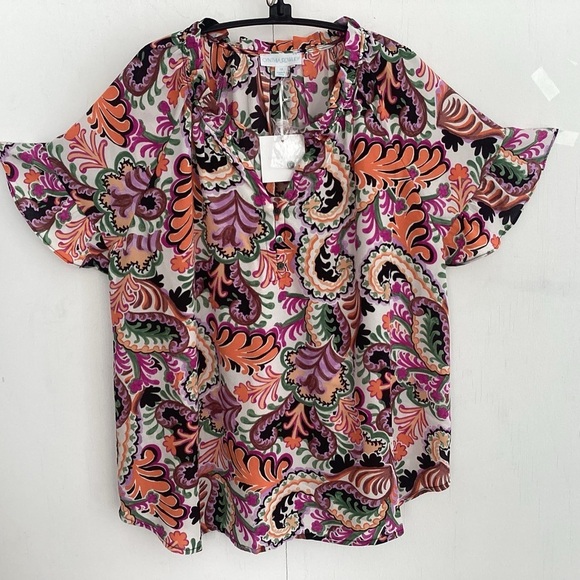 CYNTHIA ROWLEY Plus Flowy Bright Paisley Partial Button Front Blouse Sz 1X NWT - Picture 1 of 12
